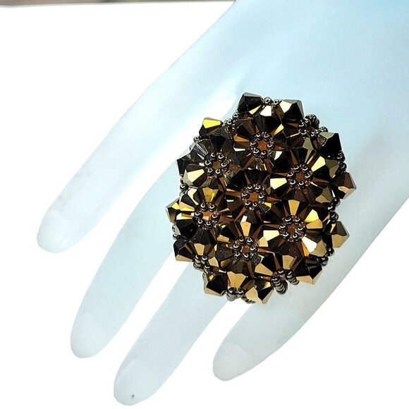 Sparkling Crystal Bicone Beads Cluster Ring Glitter Beaded Stretch Ring - Picture 2 of 10